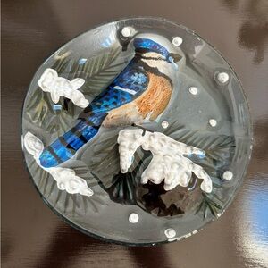 Blue Jay Hand Painted Glass Plate 7.75" Great Condition